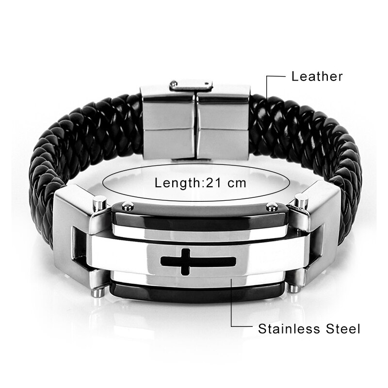 Jiayiqi Punk Cross Stainless Steel Braided Cuff Leather Bracelets Men Woven Bangle For Men Jewelry Christmas