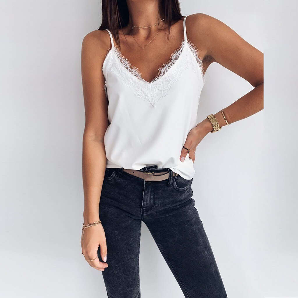 Women V Neck Lace Spaghetti Strap Tank Tops Casual Sleeveless Silk Tank Tops Summer Camisole women Clothing