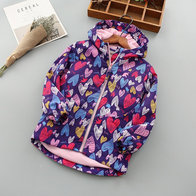 Autumn Winter Fleece Jacket Girls Kids Outerwear Cute Windbreaker Coats Print heart Pattern Baby Children Clothing