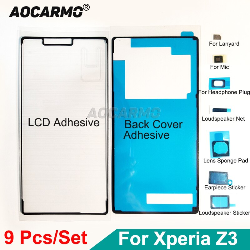 Aocarmo 9 unids/set oreja altavoz auriculares agujero Jack adhesivo LCD volver etiqueta conjunto completo para Sony Xperia Z3 D6603/33/53/83