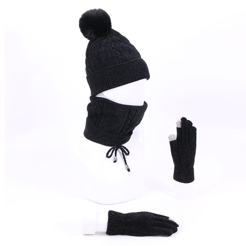 Winter dames muts met pompon, sjaal en handschoenen, warme zachte gebreide outdoor gehaakte skimuts met dikke voering, chenille zachte mutsset: B