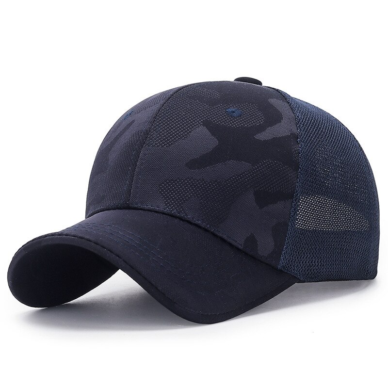 Camouflage baseball kasket forår og efterår udendørs fritid enkel solhat mænd og kvinder golfhat justerbar snapback kasket: Marineblå mesh