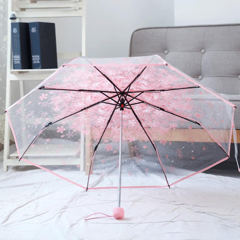 Innovant mignon cerisier fleur modèle pliant parapluie Transparent trois fois parapluie pluie outils transparent