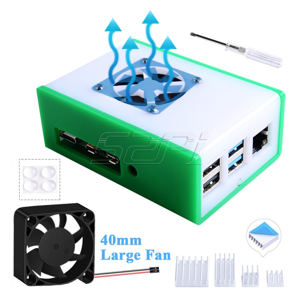 52Pi Acrylic Case Plastic Enclosure Shell Cover Blue / Red / Green with Large 4010 Cooling Fan Heat Sinks for Raspberry Pi 4B: Green