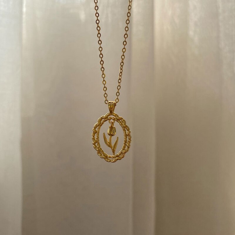 Collar de plata de ley 925 de plata de ley plateada con forma de flor de tulipán, collar de oro y para mujer, joyería de cumpleaños: Necklace