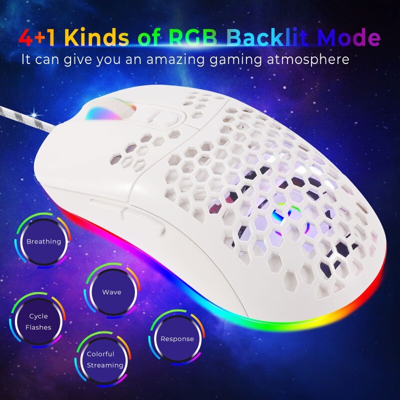 7200DPI USB Wired Mouse Optical Gaming Honeycomb Shell Mice RGB LED Backlight 62KA
