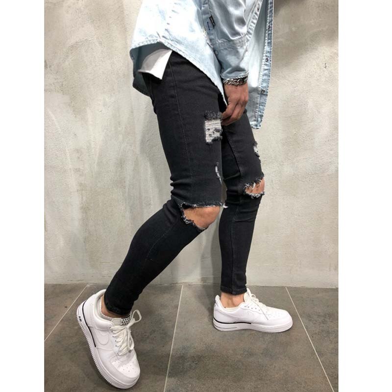 Men Jeans Streetwear Knee Ripped Skinny Hip Hop Estroyed Hole Pants Solid Color Male Stretch Casual Denim Big Trousers: 11098 Black / L