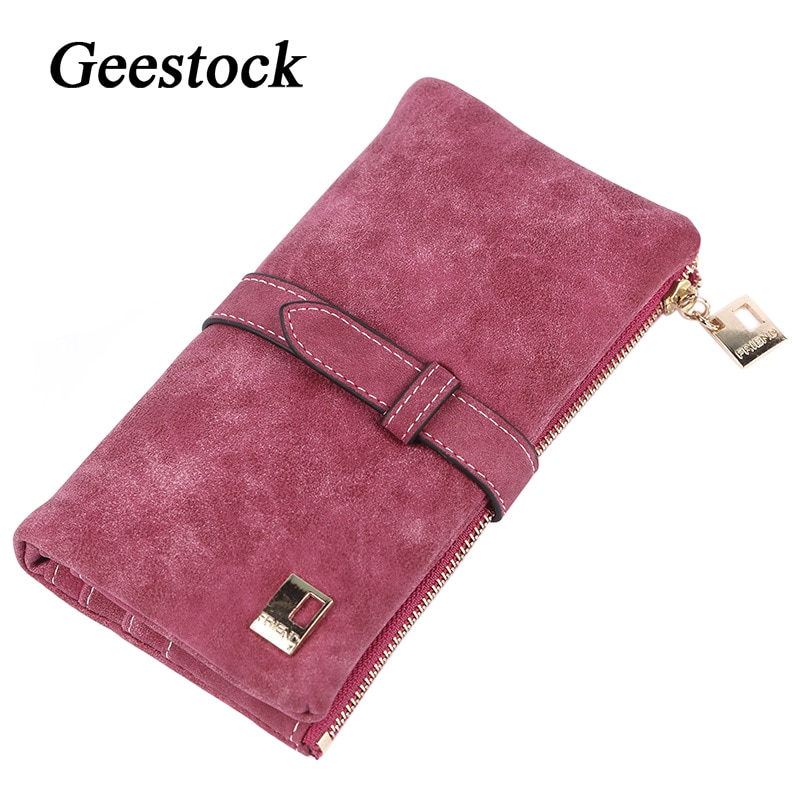 Geestock Frauen Geldbörsen Lange Geldbörse Zwei Falten Frauen Brieftaschen Kordelzug Nubuk Leder Zipper Wildleder frauen Lange Purs