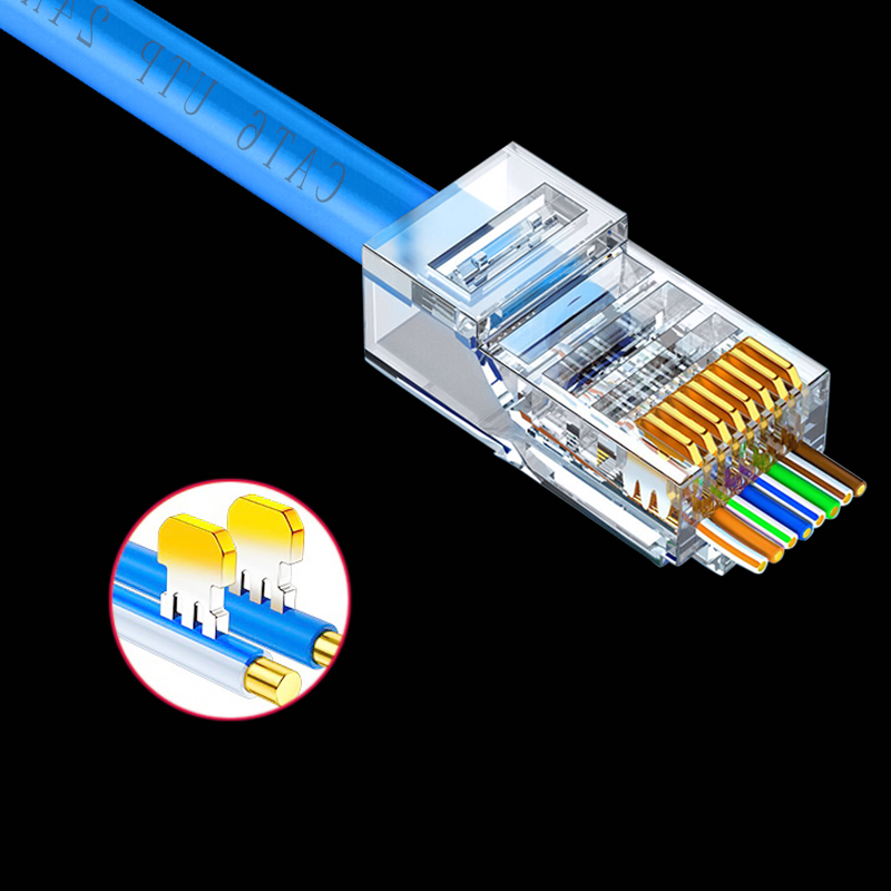 COMNEN CAT5E RJ45 Modular Plug Connector UTP Pass Through RJ45 Ethernet Connectors Crystal End Gold-Plated 8P8C Crimp Ethernet