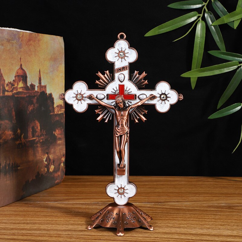 Accesorios de decoración para el hogar, figuritas cruzadas con soporte de Jesús: copper