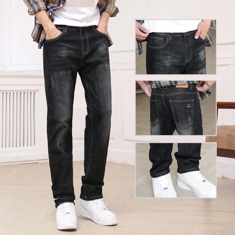Efterårs stretch bomuld herre jeans med lige ben i klassisk stil mørkeblå denimbukser herre jeans med løs pasform