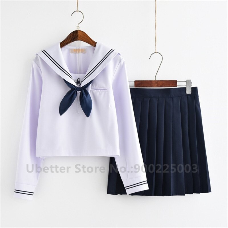 Girls Japanese School Sailor Uniform Long Short Sleeve Classic Navy Sailor School Uniforms High School Outfit Suit U014: Blue Long Sleeve / XXL