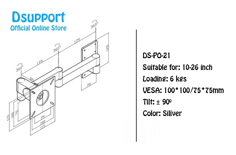 Aluminum Alloy 360 Degree Full Motion LCD LED Monitor Holder TV Wall Mount Bracket Arm loading 8 kgs.