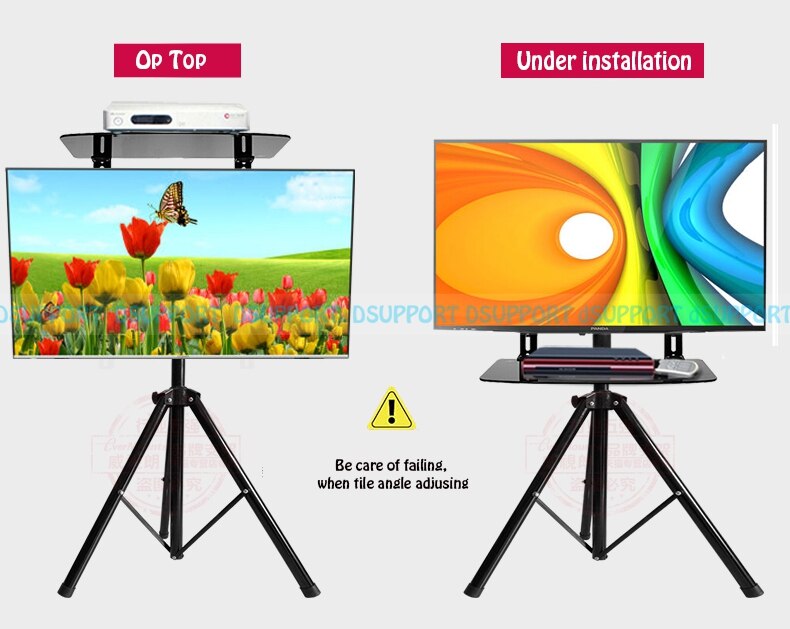 360 degree Swivel 32~55 inch TV Mount Tripod Stand with DVD Holder VESA 100~500mm Loading 50kgs Height Adjustable TV Floor Stand