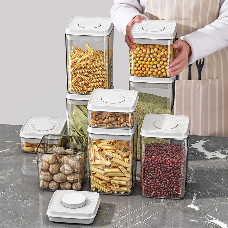 Press Open Clear Plastic Food Storage Box with Pop Up Lid Moisture-Proof Grains Container Cereals Jar Kitchen Pantry Organizer
