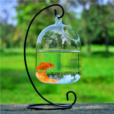 Clear 15cm Height Hanging Glass Aquarium Fish Bowl Fish Tank Flower Plant Vase with 23cm Height White Rack Fishbowls: Add black bracket