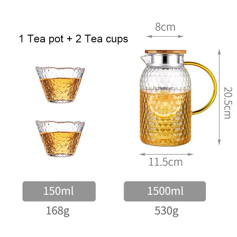 Ymeei 1500ml vandkande glas vandpottesæt varmebestandigt vandkande med håndtag til frugtsaft te kogende koldt drikkevarer: 2 glaskopper