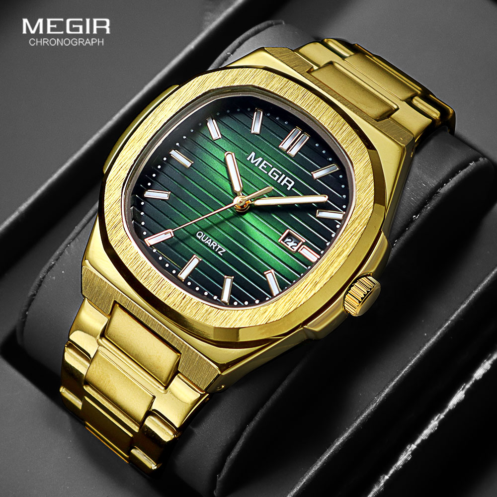 MEGIR Klassische Herren-Kleideruhr mit goldenem Edelstahlband, ovales grünes Zifferblatt, wasserdichte Quarz-Armbanduhr mit leuchtendem Zeiger