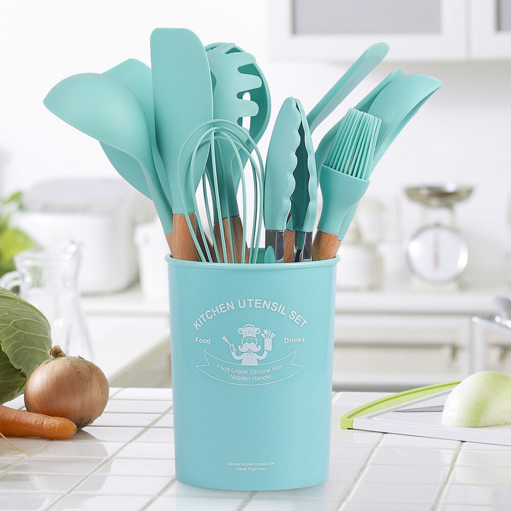 Utensilios de cocina antiadherentes de silicona, cuchara densa, espátula, batidores de huevos con mango de madera, vajilla: Green