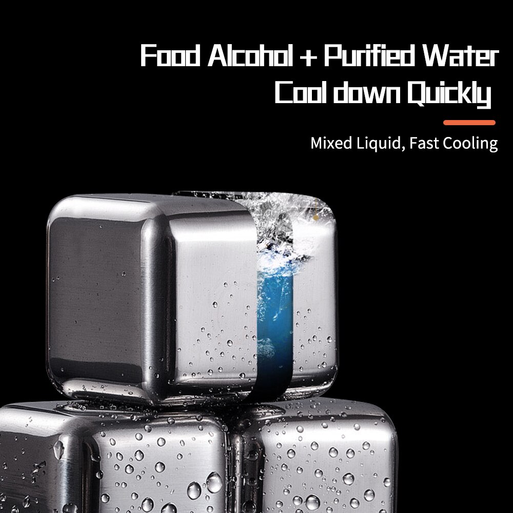 8PCS/set Stainless Steel Ice Cubes Reusable Chilling Stones Whiskey Wine Cooler Stones Chiller Ice Mold Cube Maker Silicone