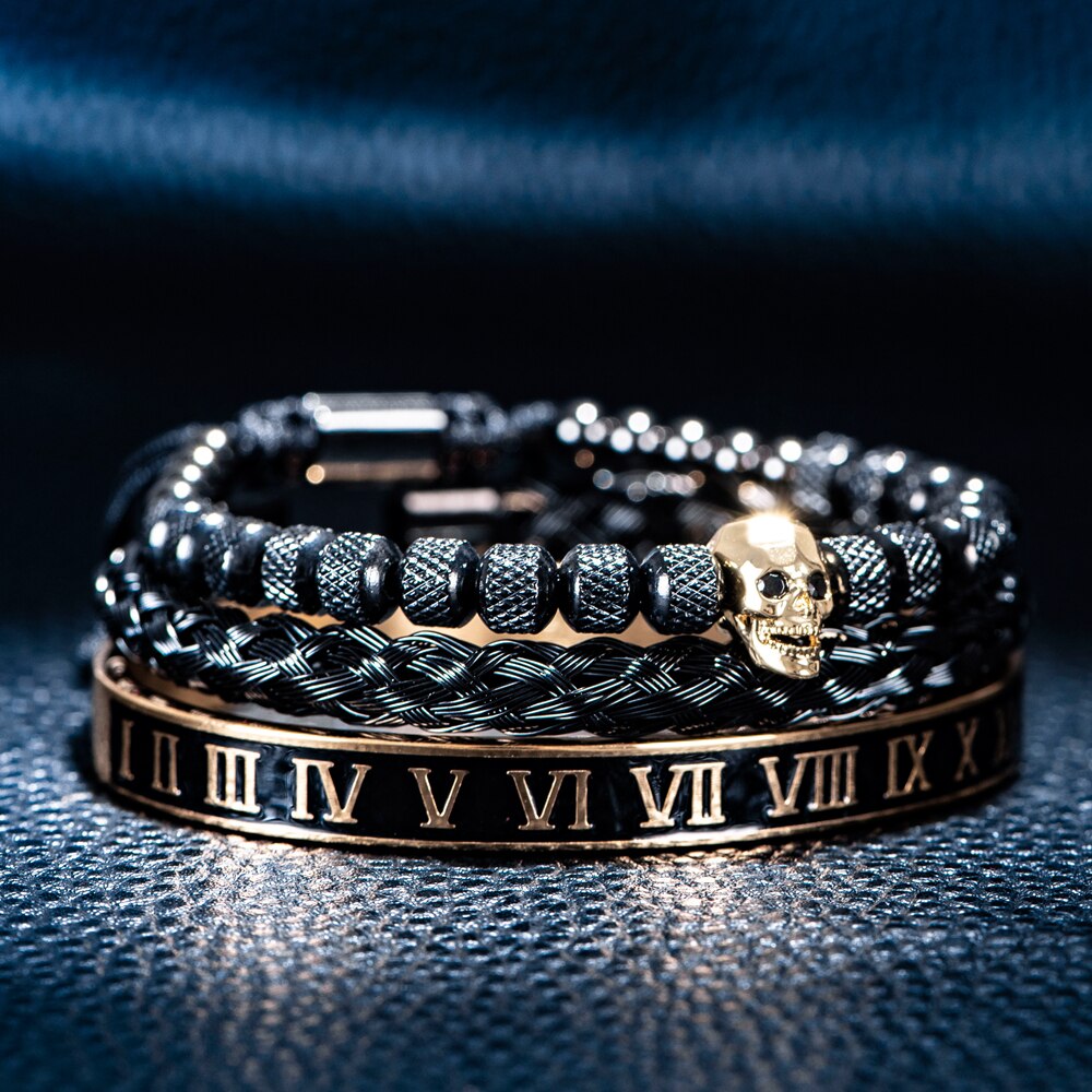 Conjunto de 3 unids/set de pulseras de acero inoxidable para hombre, Set de 3 unids/set de brazaletes con de Calavera, Oro Negro, esmalte, número romano, joyería europea para parejas: Black Gold Set 