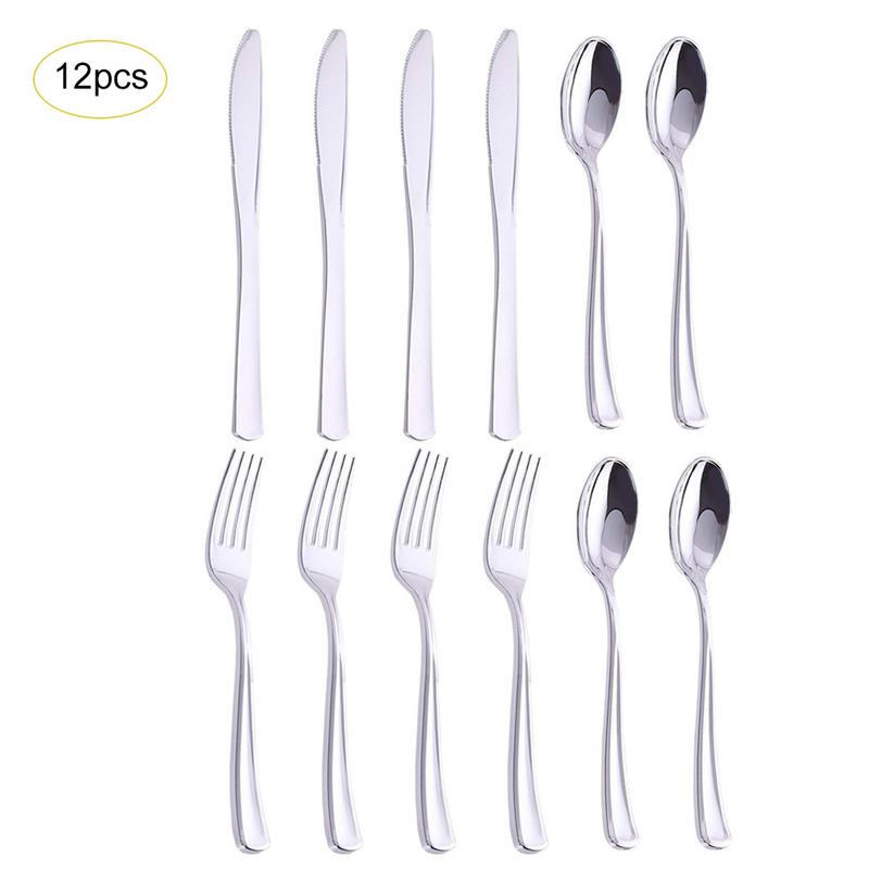 12 stks/set Wegwerp Gewikkeld 3 in 1 Vork/Lepel/Mes Wegwerp Bestek Kit Perfect voor Lunch Maaltijd Prep catering en Restaurants: Zilver