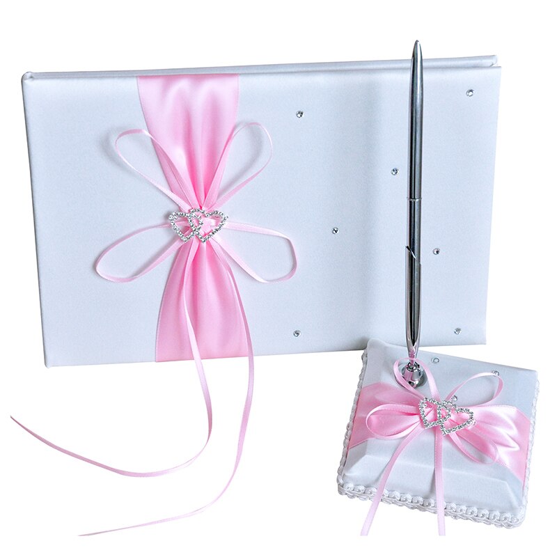 2 st/set bröllop satin signatur bok penna set strass pilbåge pärla dekor bröllopsfest produkter leverans: Rosa