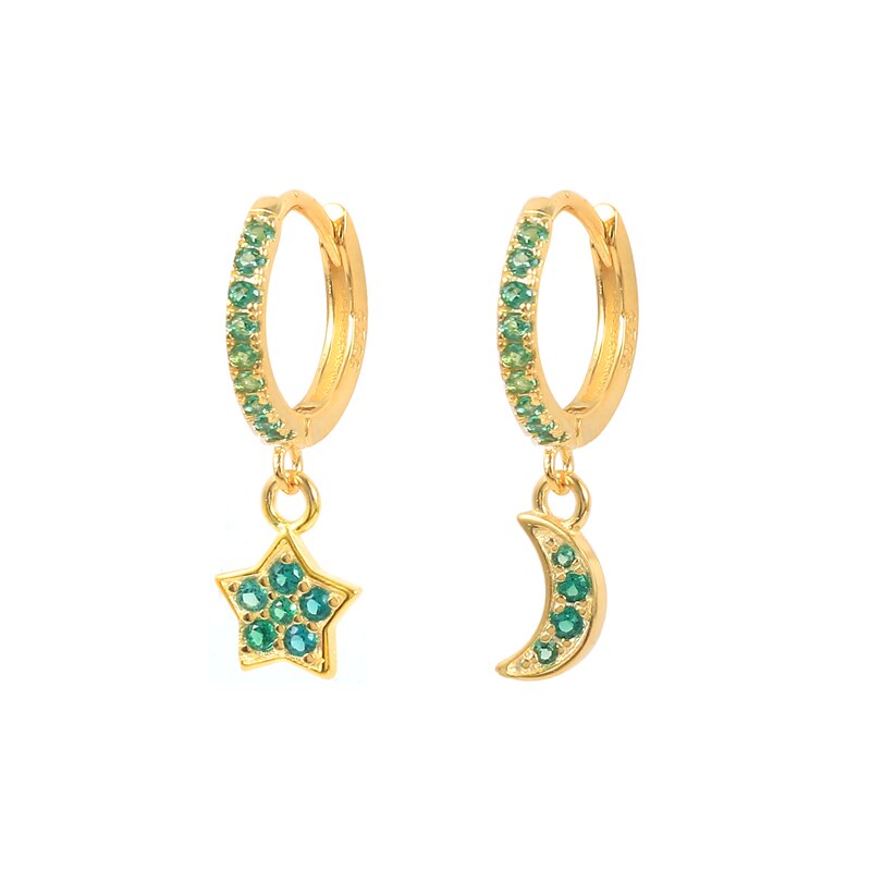 Huggie-pendientes de plata de ley 925 para mujer, aretes de aro coloridos de luna y estrella de circonita para mujer, orecchini de cristal púrpura/verde: Gold Color-4