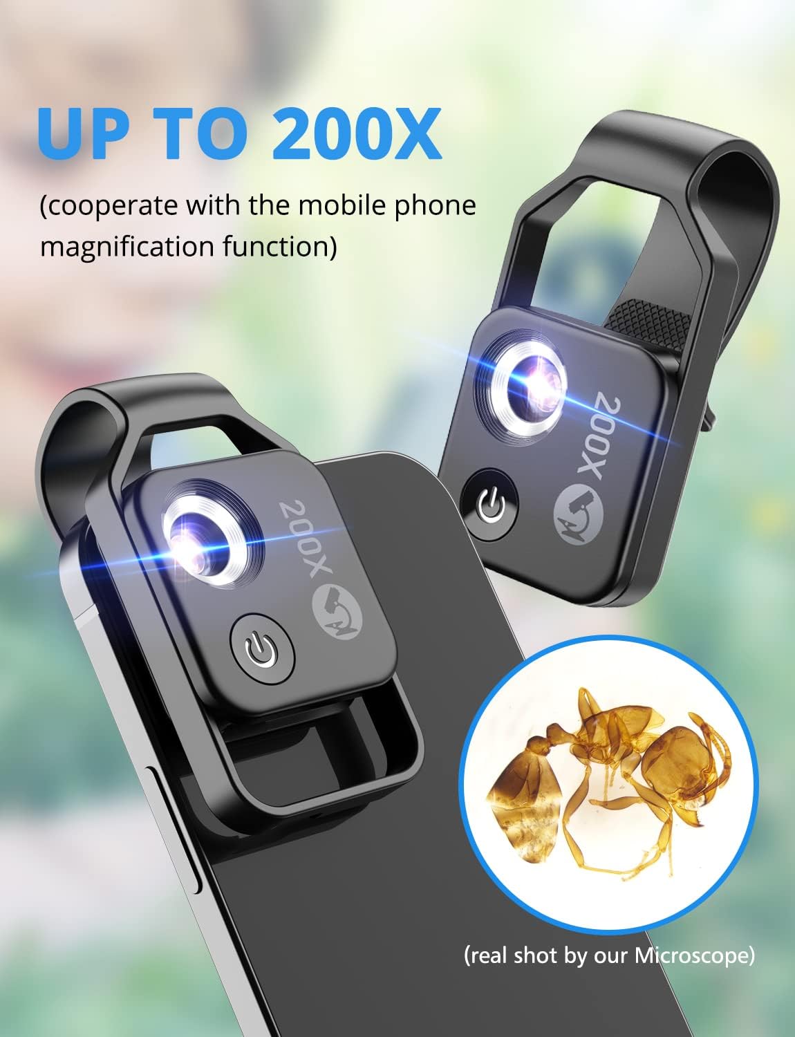 200X Phone Mini Pocket Microscope w/ LED Light/Universal Clip,Nano Zoom Digital Microscope Camera,Microworld for Kids Adults