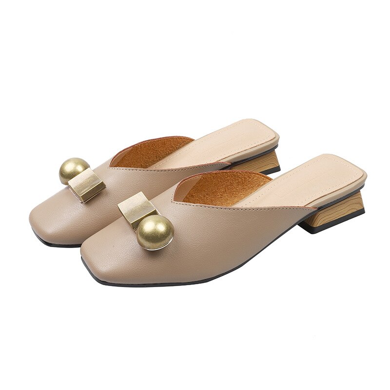 Vrouwen Slippers Sandalen Zomer Houten Blok Hak Slip Op Mule Hak Casual Schoenen Metalen Gesp Slides Slipper: Khaki / 35