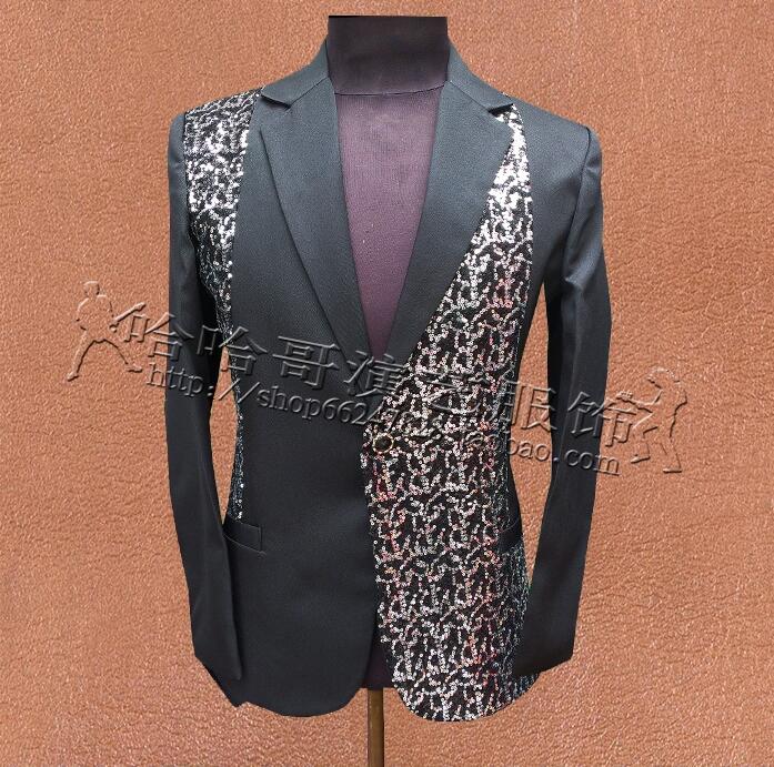 Trajes de para hombre, Terno de escenario para cantantes, chaqueta de lentejuelas, Blazer, vestido estilo estrella de baile, Punk, color negro: L