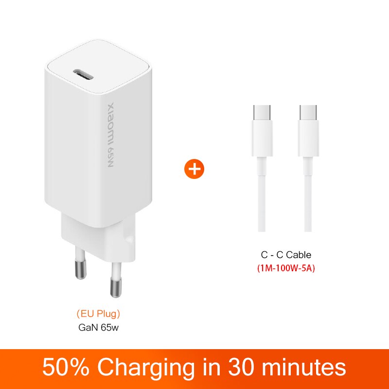 Xiaomi GaN 65W Travel Charger USB Type-C PD Quick Charge 5V/9V/12V/15V=3A 10V=5A 20V=3.25A for iPhone Xiaomi: EU add Cable