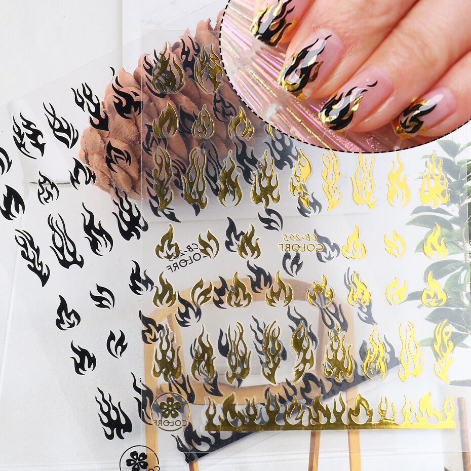 1Pcs Holographics 3D Fire Flame Nail Stickers Goud... Grandado