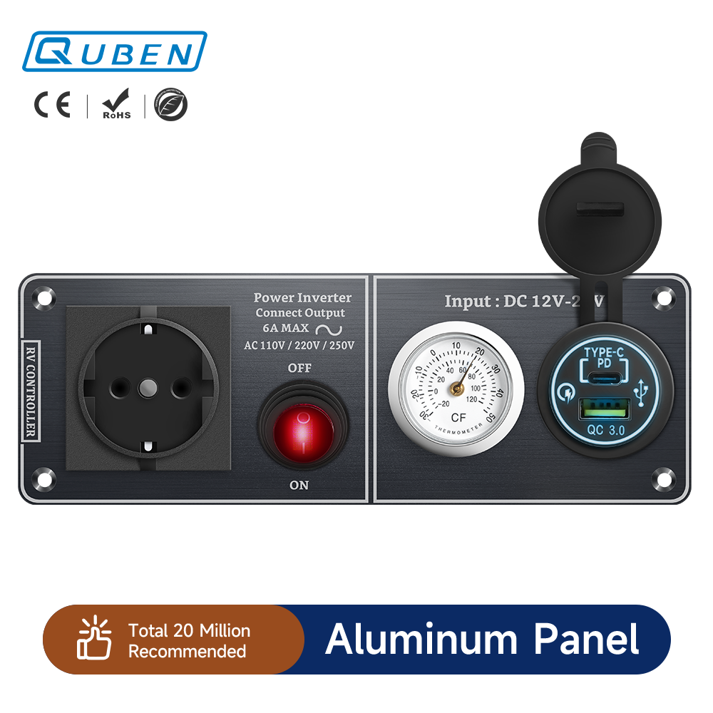 Autoladegerät Multifunktions-Aluminium-Panel-Thermometer AC110V 220V Dual Port USB QC3.0 12V 24V für Wohnmobil-Yacht-Reiseanhänger