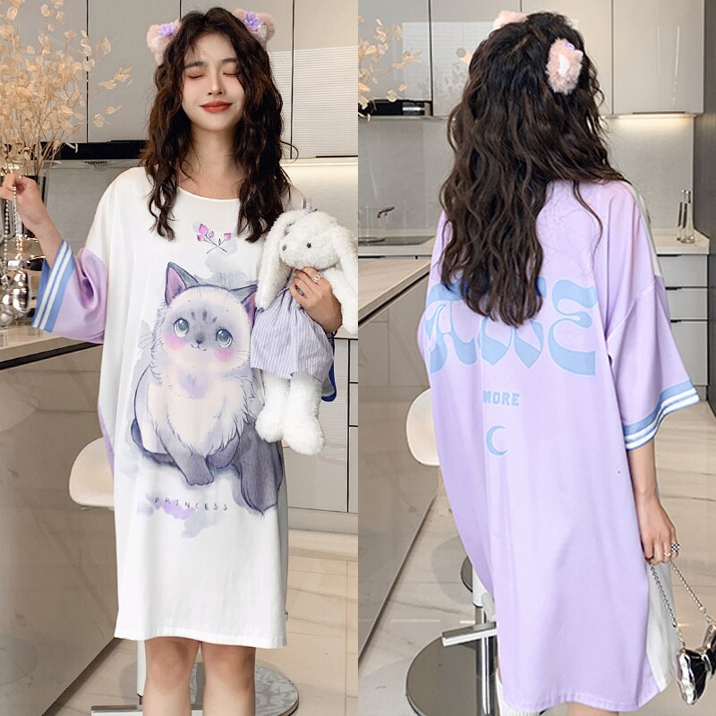 Satijnen Nachtjapon Vrouwen Nachtkleding Chiffon Nachtjapon Kawaii Lingerie Gewaad Vest Sexy Nachtkleding Zijde Slaap Tops Zomer 2022: Purple Cat