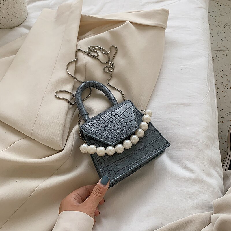 Perle poignée Super mini en cuir PU sacs à bandoulière pour femmes sac à bandoulière voyage sacs à main motif pierre: Bleu