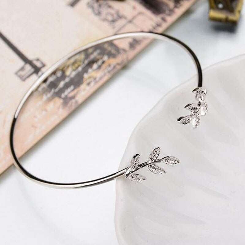 Leaf Bangle, Vintage Open Adjustable Feather Charm Bracelets For Women, Sweet Jewelry,