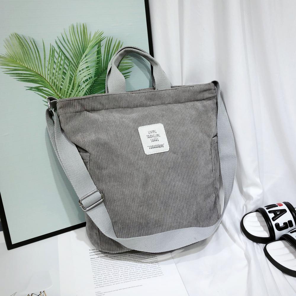 Women Corduroy Shoulder Bags Soft Cloth Handbag Tote Female Crossbody Messenger Bags Ladies Canvas Zipper Purses Shopping Bag: GRAY