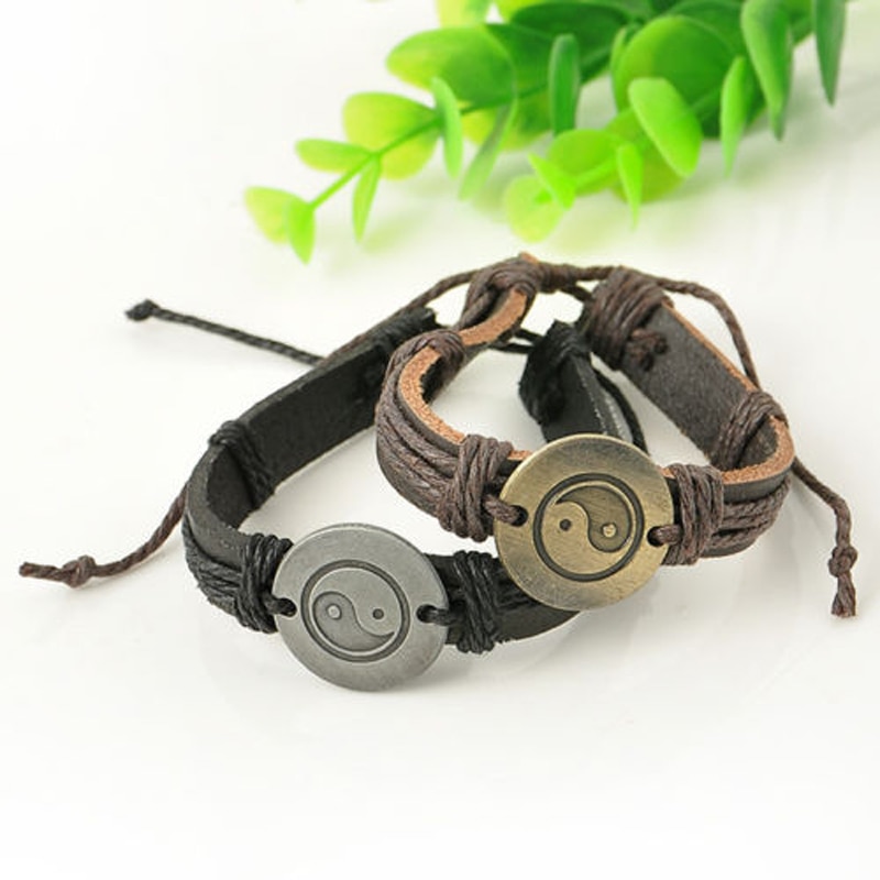 1pcs Shellhard yin yang Charm Leather Bracelets Vintage Rope Cuff Bracelet For Charm Men Wristband Bracelet Jewelry 4Colors