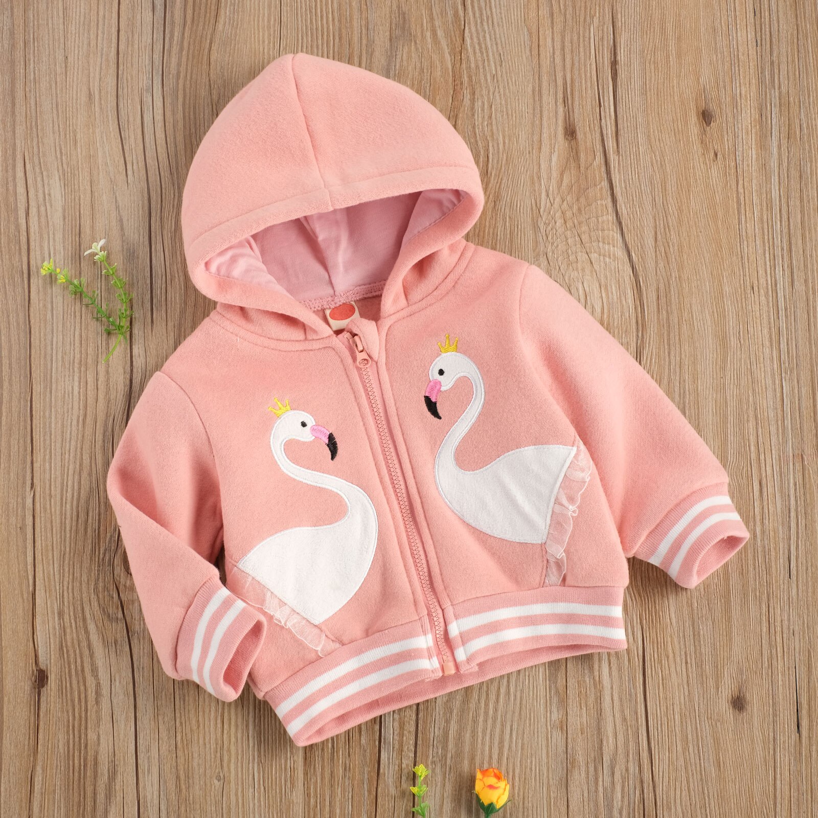 Herfst Herfst 0-24M Peuter Baby Meisje Gekroond Vogels Patchwork Verstoorde Zipper Roze Capuchon Lange mouwen Jas Hoodie