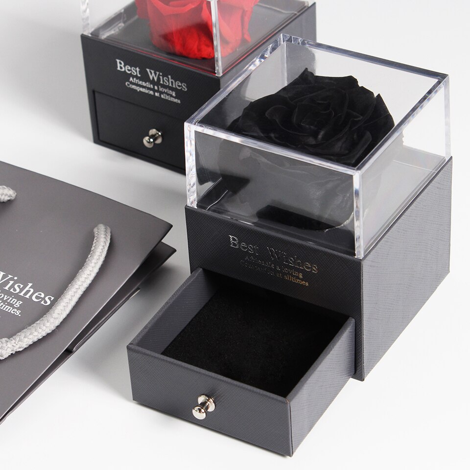 Preserved Real Rose Jewelry Box with Necklace Holder Immortal Flowers Forever Blossom Wedding Birthday Set for Women: black no necklace
