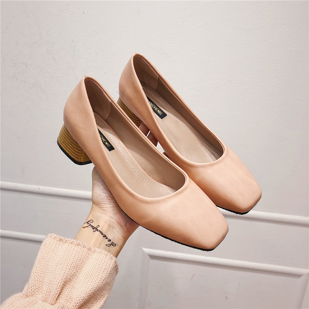 Eoeodoit vår høst med hæl sko kvadrat tå lær pumps slip on uformell chunky hæl kontor dame arbeidssko