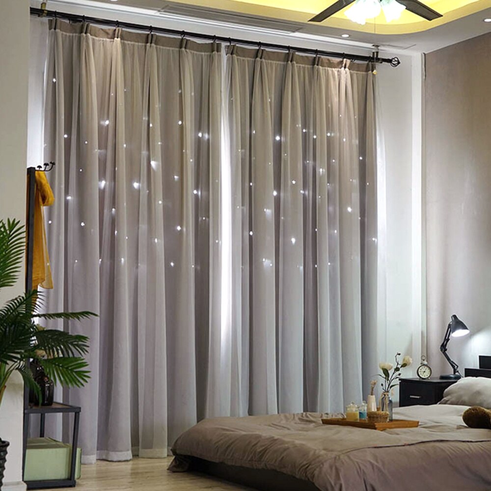 Cortinas con estrellas, doble tela y gasa, grises
