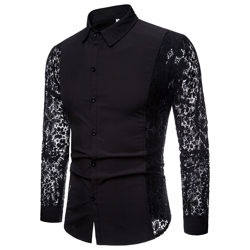 Ffxzsj mænd casual skjorter efterår blonder ærmer bomuld herre langærmet skjorte casual hvid sort dress skjorter: Sort / L