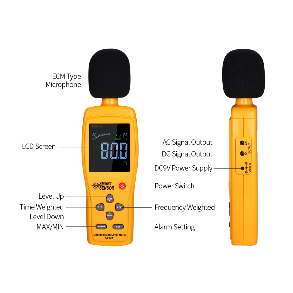 SMART SENSOR AS834+ Digital LCD Sound Level Meter 30-130dB Noise Volume Measuring Instrument Decibel Monitoring Tester