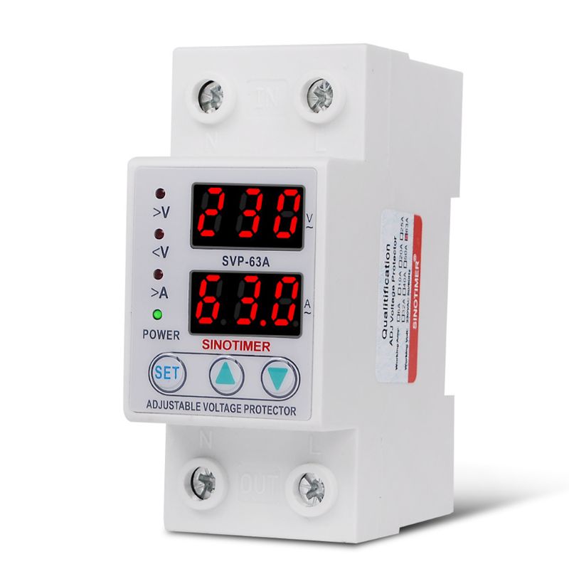 Din Rail Adjustable 63A 230V Single Phase Over Under Voltage Protective Protector Relay with Over Current Protection