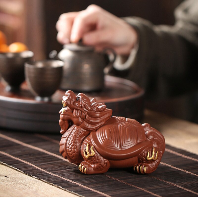 Statue de tortue et Dragon en argile violette, ornements créatifs pour le thé, Sculpture faite à la main, artisanat décoratif pour la maison