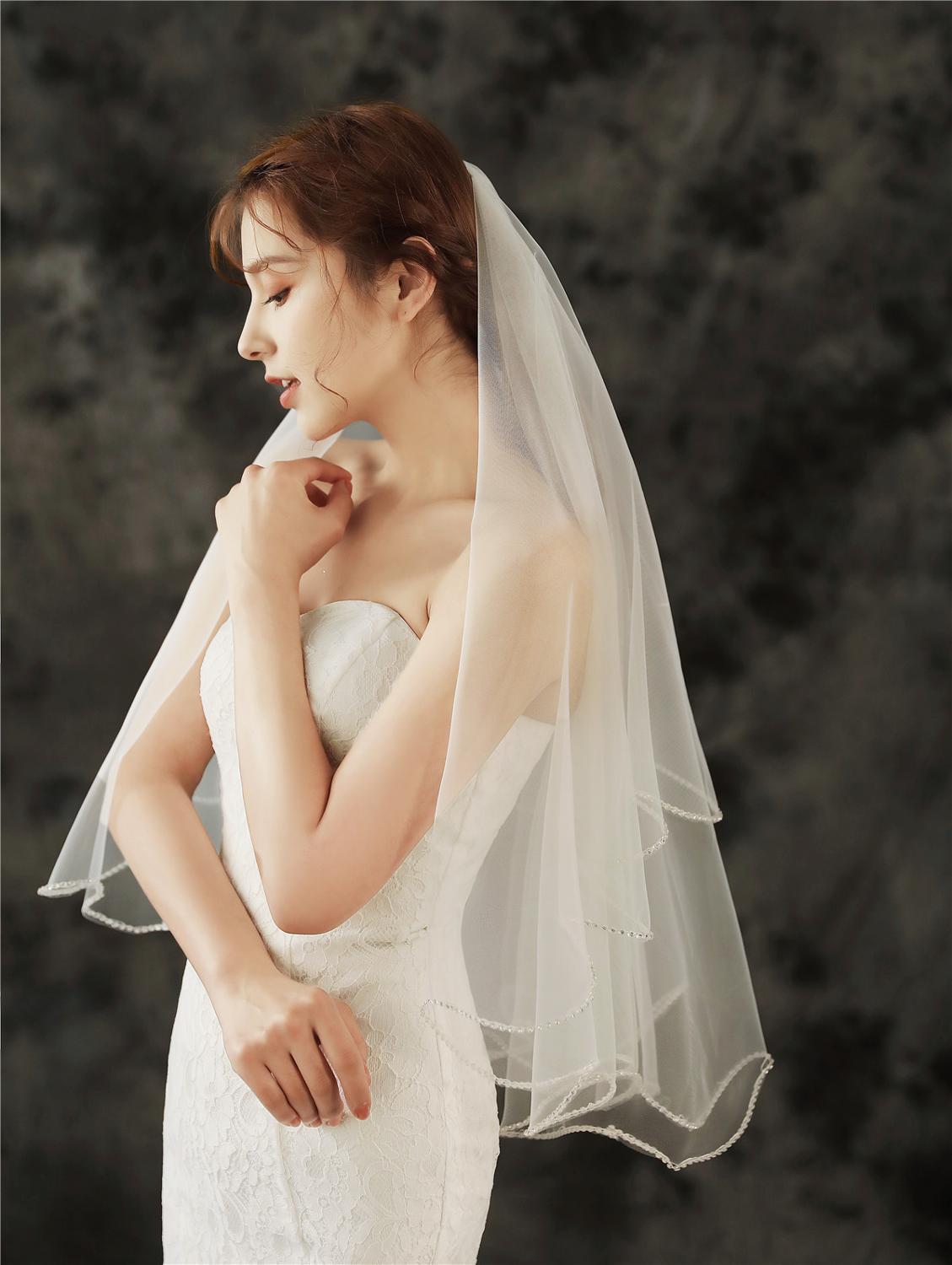 One Layers White Ivory Wedding Veils with Comb Crystals Bridal Veils Short Wedding Accessories for Bride Velo De Novia