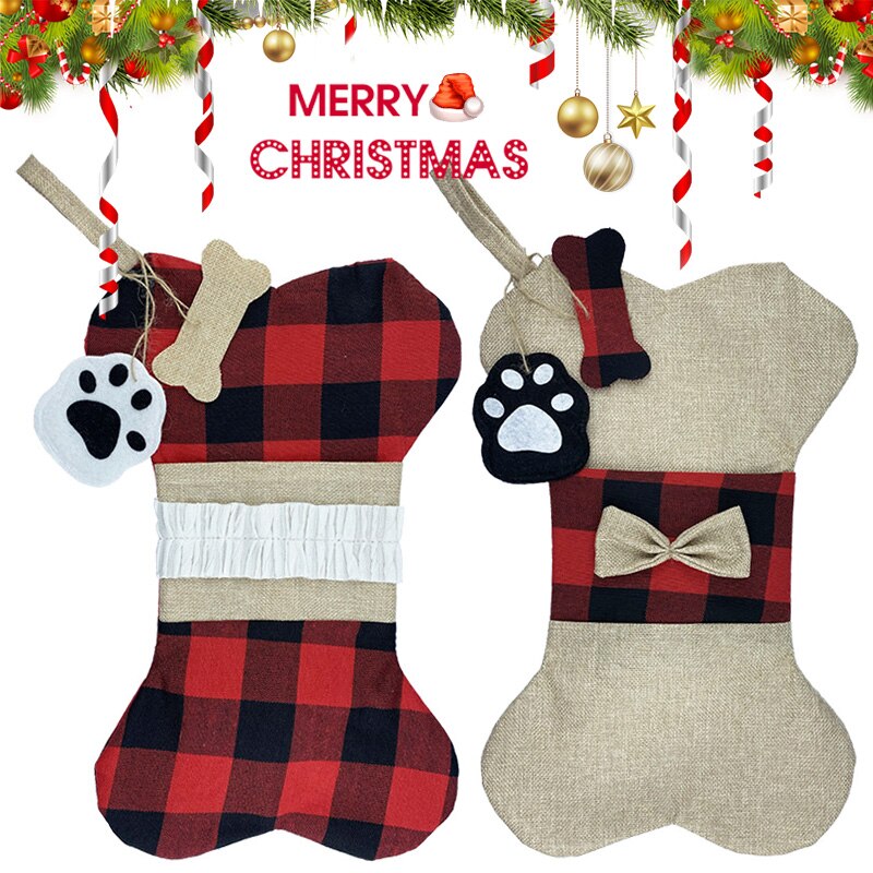 Bas de noël sac toile de jute Plaid os en forme de c suspendus chaussettes de noël sac de bonbons fournitures de fête WXV