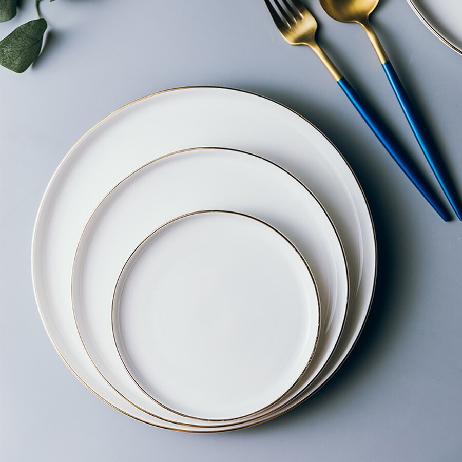 MUZITY Ceramic Plate White Plate With Gold Inlay 6/8/10 inch Porcelain Dinner Plate Set Breakfast Set